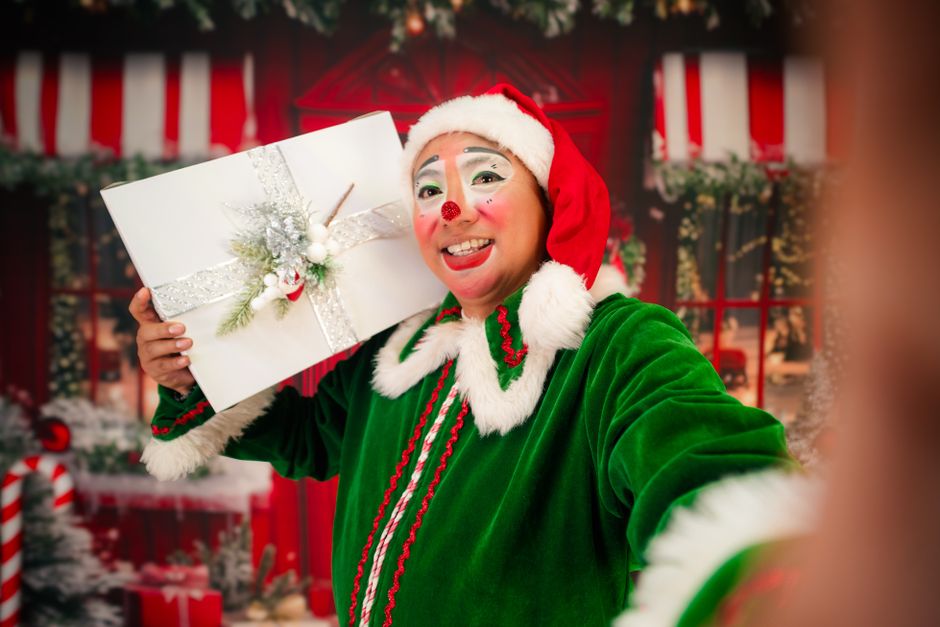 green christmas costume, whoville snow village, movie clapperboard holiday