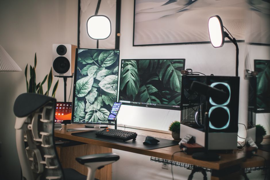video game developer workstation, game studio office