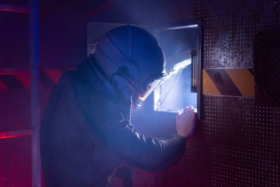 sci-fi space helmet, futuristic vault door