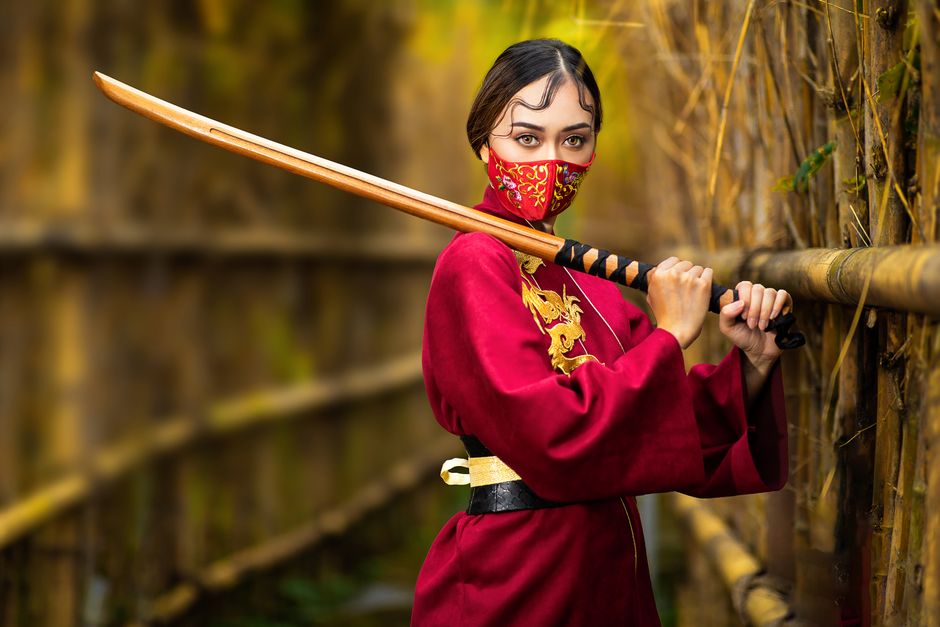 samurai warrior with katana, japanese oni demon mask