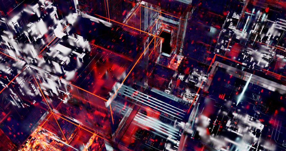 laptop cpu chip closeup, server room, neural network visualization
