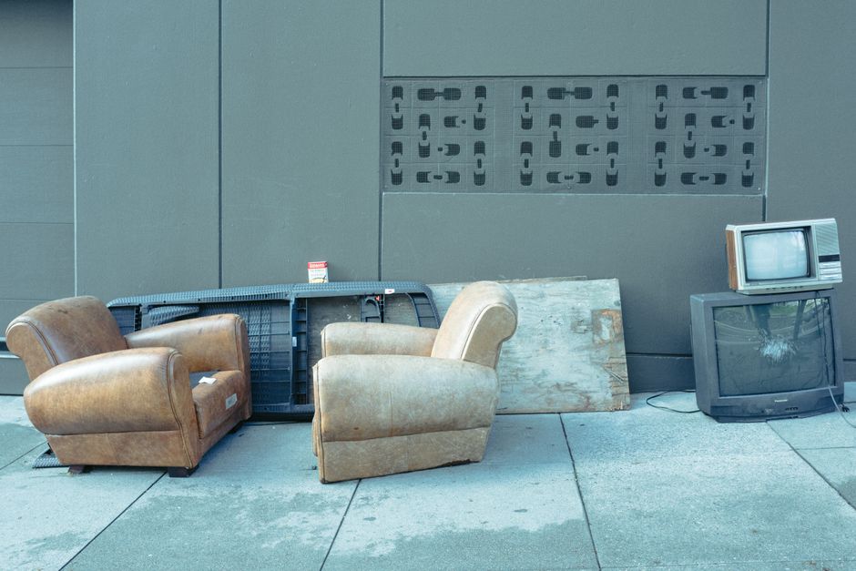 empty film set chair, abandoned overgrown city street, television studio camera