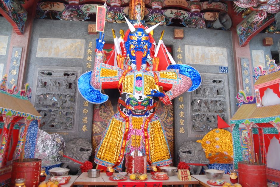 chinese temple guardian statue, ink painting demon mask