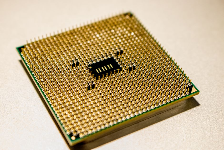 computer processor chip macro, desktop computer silver aluminum, silicon wafer close up