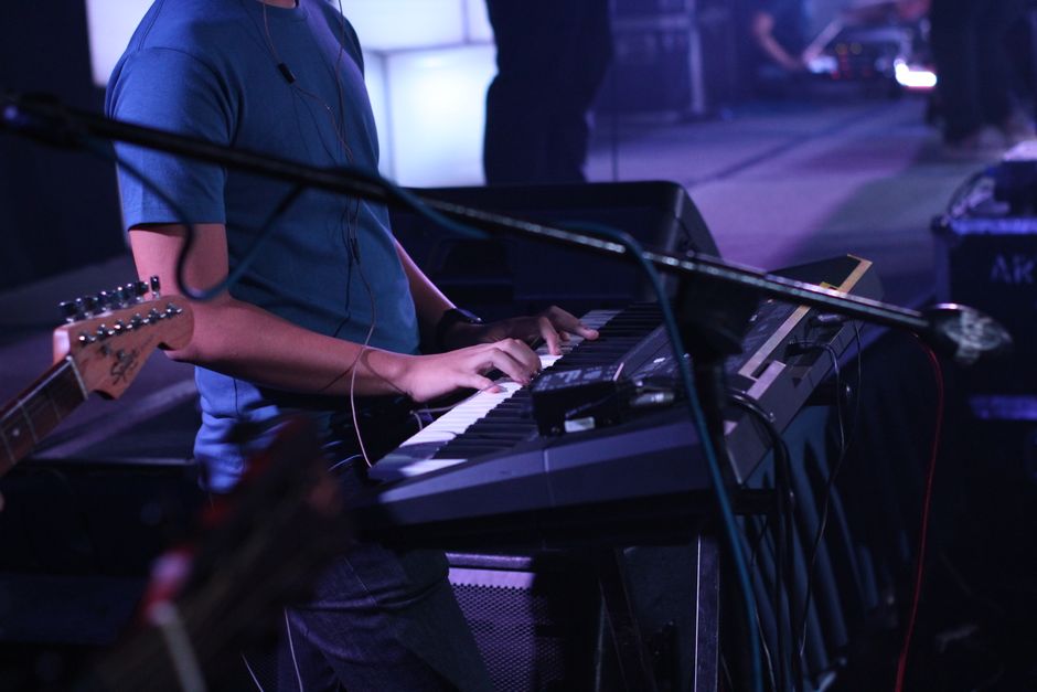 rock concert stage microphone, gaming pc keyboard dark